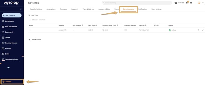 Settings - Buyer Account