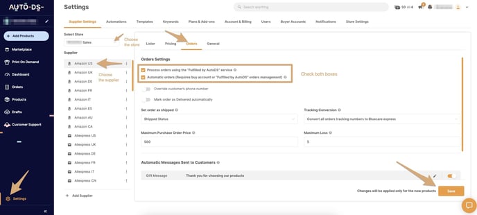 FBA - Supplier Settings