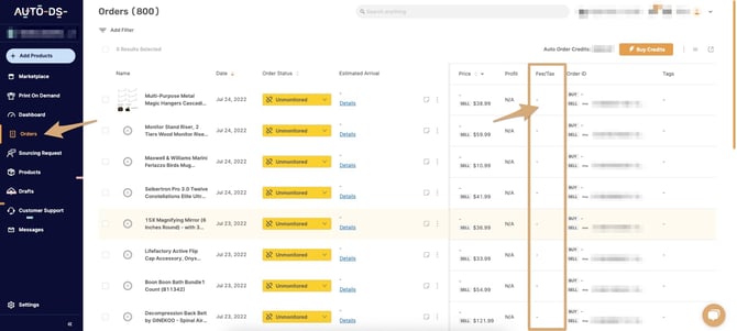 Orders Page Fee Tax
