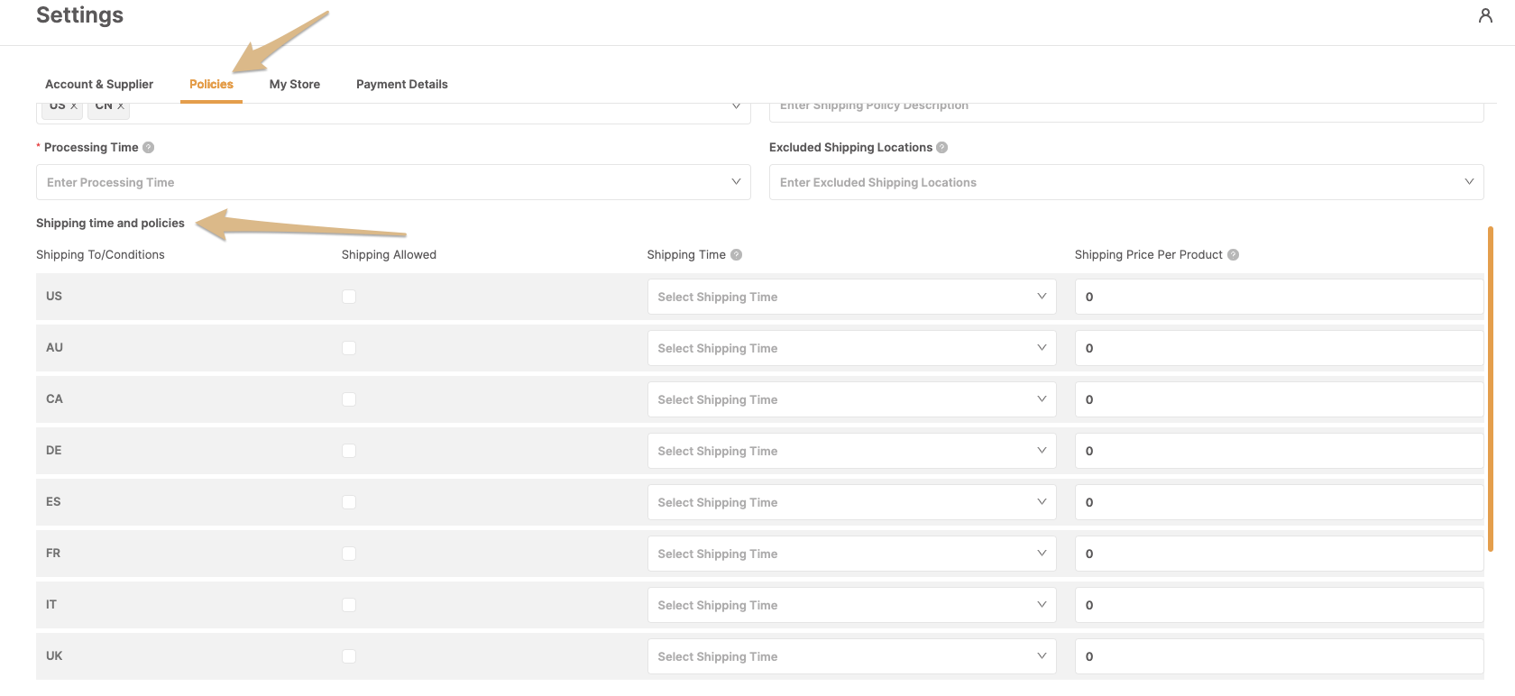 How do I configure shipping rates and specific locations?